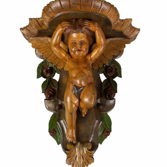 Italian Polvchrome Wooden Wall
Bracket with Carved Cherub Angel Antique RARE - Picture 6 of 7